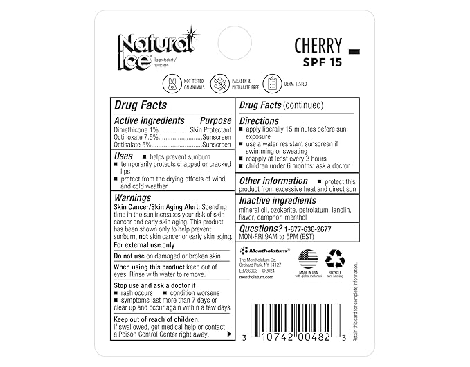 Mentholatum Natural Ice Cherry SPF 15 Medicated Lip Balm, 0.15 Ounce
