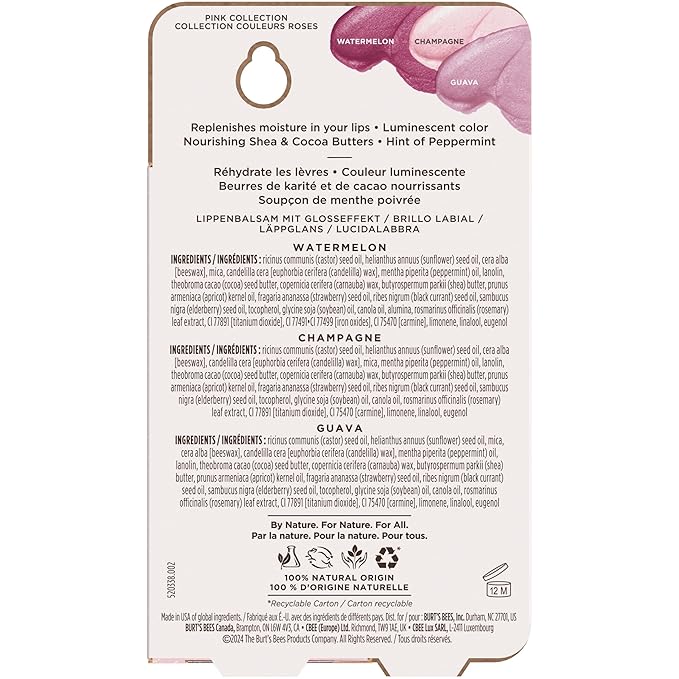 Burt's Bees Easter Basket Stuffers, Lip Balm - Berry Agua Fresca, Dragonfruit Lemon, Coconut & Pear, Tropical Pineapple Pack, With Beeswax, Tint-Free, Natural Origin Lip Treatment, 4 Tubes, 0.15 oz.
