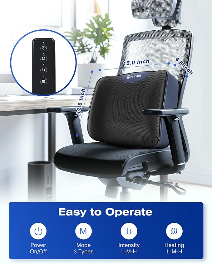 Heated Lumbar Support Pillow for Office Chair, Ergonomic Back Support Pillows with Vibration, Memory Foam Chair Back Massager for Pain Relief, 3 Heat Levels & 3 Massage Modes, Gifts for Mon Dad
