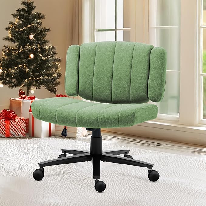 Green Criss Cross Office Chair with Wheels, Ergonomic Wide Seat Vanity & Dressing Table Chair, Adjustable Arms Swivel Rolling Desk Chair for Women, Comfortable Cross-Legged Support
