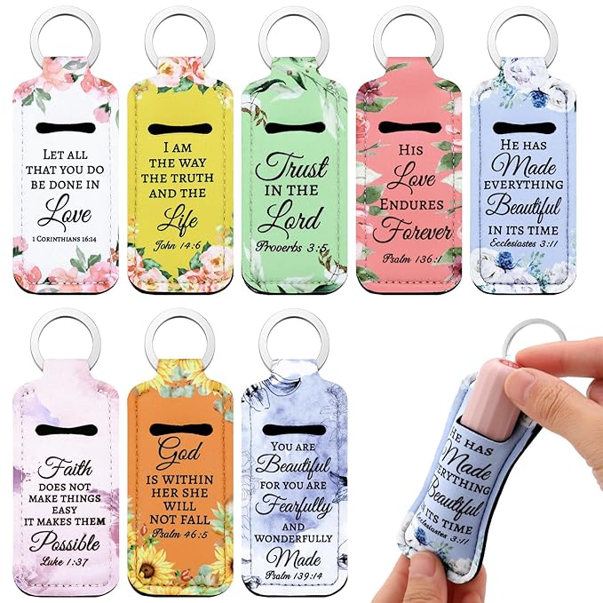 72 Pcs Christian Bible Lipstick Holder Key Chain Lip Balm Holder Gift Bulk with Metal Ring Lipstick Lip Gloss Pouch Religious Party Bible Inspiration Gift for Women Man Church(Blooming)