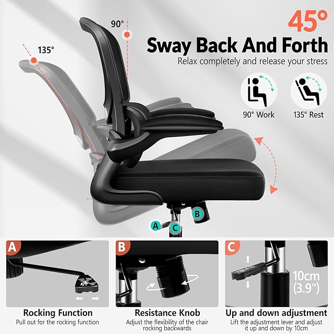 Office Chair Ergonomic Desk Chair, Breathable Mesh Comfy Chair with Lumbar Support, Computer Chair, Home Desk Chair with Flip-up Armrests, Gaming Chair for Adults Home Office (Black,8Pack)