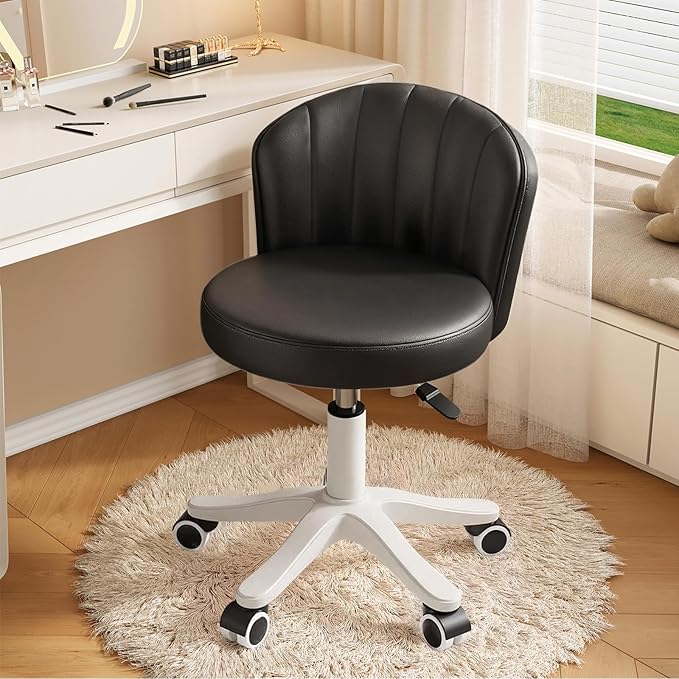 Small Round Rolling Desk Chair Armless Comfy Vanity Computer Chair with Low Backrest PU Leather Height Adjustable Swivel Work Spa Chair