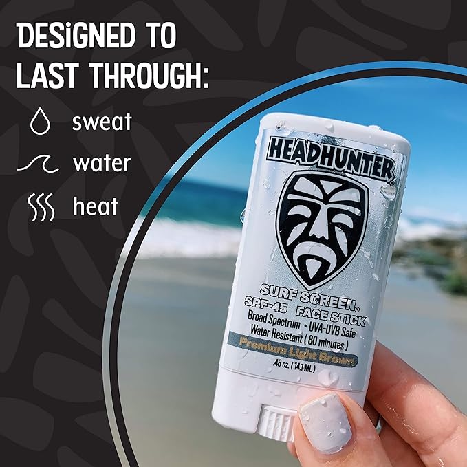 Headhunter Sunscreen Face Stick SPF 45, Waterproof Surf Sunblock for Waterman, Water-Resistant Facial Sunscreen for Ultra-Sport Protection and Solar Defense (80 min), Tinted Light Brown (2 pack)