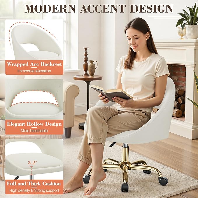 Vanity Chair with Wheels, Comfy Home Office Desk Chairs Adjustable Modern Velvet Makeup Chair for Bedroom Living Room, Soft Cushion Swivel Computer Task Chairs for Women-Beige