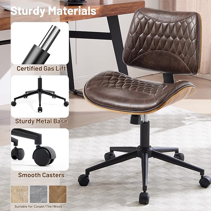 Walnut Bentwood Mid Back Armless Office Chair 2 Pack, Adjustable Height PU Leather Swivel Desk Chair with Wheels, Rolling Computer Task Chair for Home Office, Study, Meeting Room