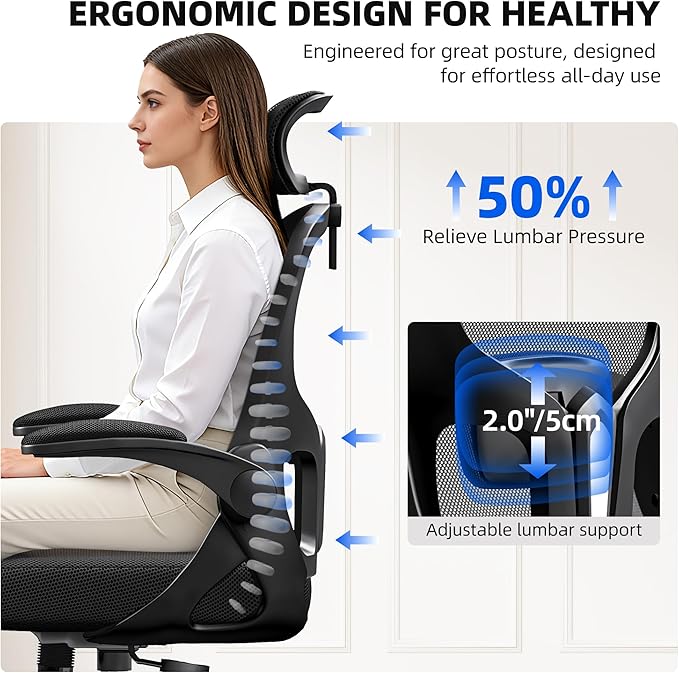Ergonomic Office Chair, Mesh Desk Chair with Adjustable Headrest & Lumbar Support, Rolling Computer Chair with Flip-up Armrests, Comfy Swivel Home Office Chair for Long Hours (1, Light Black)