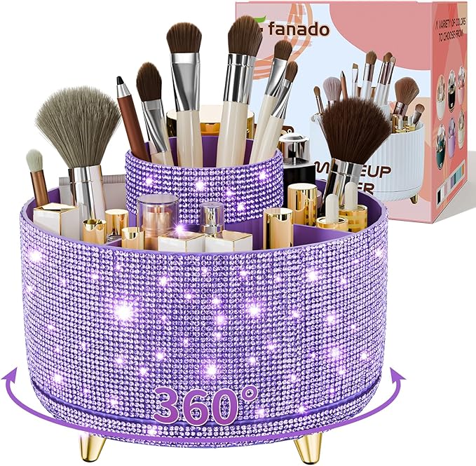 Bling Diamond Makeup Brush Holder, 360° Rotating Makeup Organizer, 5 Slot Make up Brushes Cup for Countertop, Storage for Cosmetics Pen Eyeliner Skincare on the Vanity (Diamond Purple)