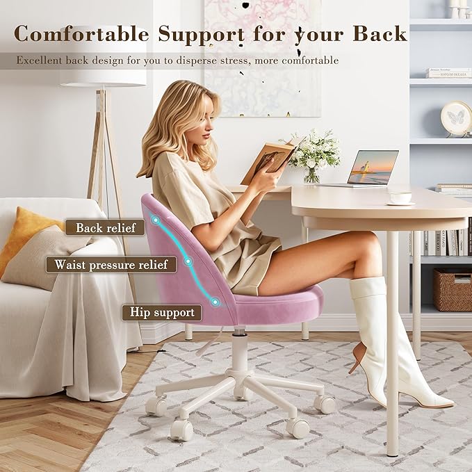 EnHomee Vanity Chair with Wheels, Comfy Office Chair with Back, Cute Desk Chair for Bedroom, Home Office, Makeup Room,Armless,Gentle Pink