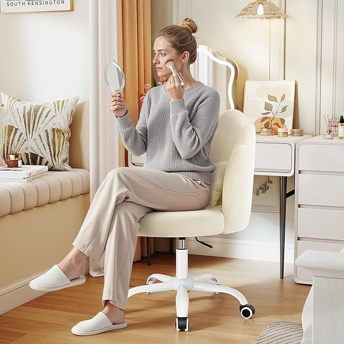 Petal Vanity Chair with Wheels, 3.15" Extra Thick Comfy Makeup Chair, Adjustable Modern Swivel Armless Desk Chair for Girls Women, Aesthetic Small Office Chair for Bedroom Dorm