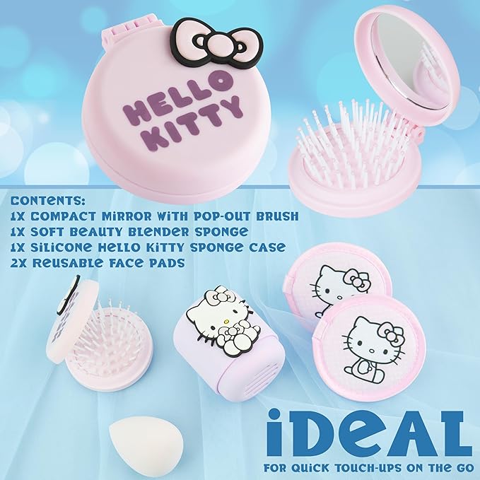 Hello Kitty Beauty Accessories Set for Women Teens, Folding Hair Brush with Mirror, Makeup Sponge Holder, Makeup Remover Pads, Kawaii Gifts for Women, Wife, Girlfriend