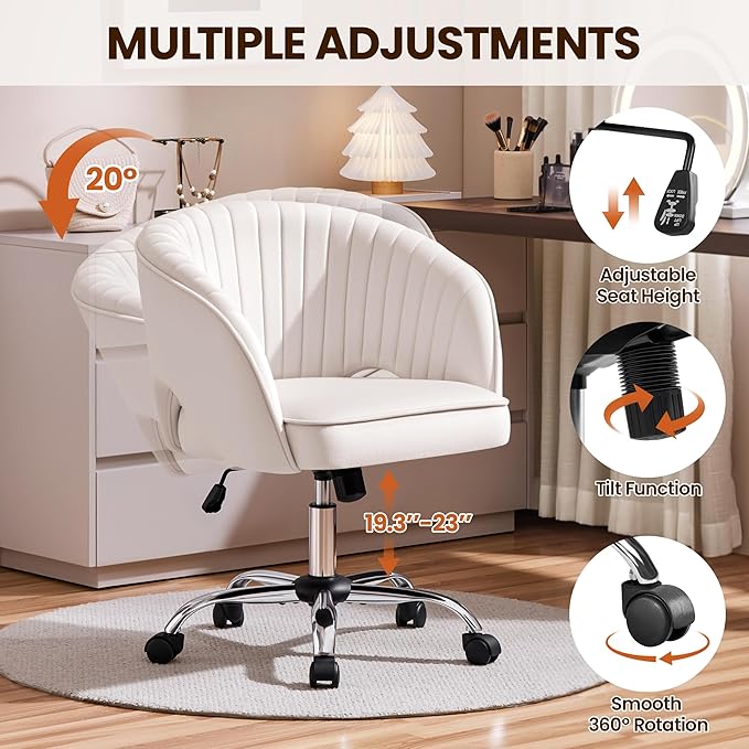 Yaheetech Cute Desk Chair Velvet Vanity Chair with Wheels Home Office Upholstered Modern Swivel Armchair with Tufted Barrel Back for Study, Vanity, Bedroom Cream
