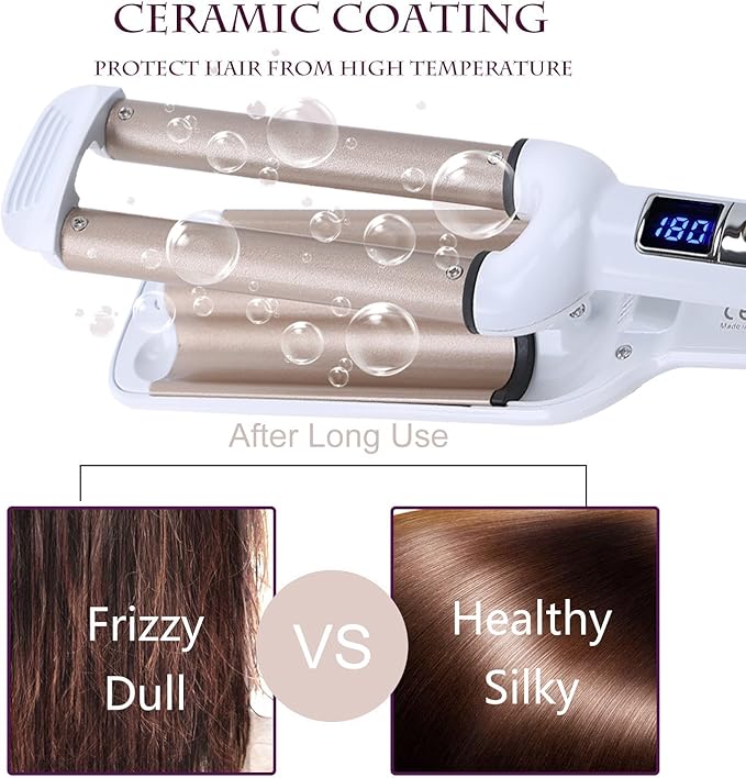 Ceramic Hair Crimper Iron Hair Waver 3 Barrel 0.6 inch / 16mm Perm Instant Curls Crimping Hair Curling Iron Valentines Day Gifts for Women Professional Crimping Iron (Gold & White)