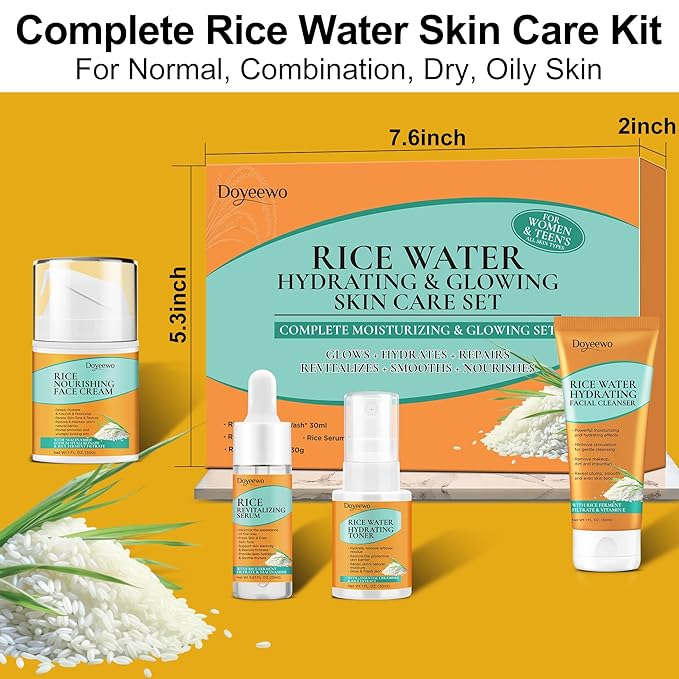 Skin Care Set,4Pcs Women Teen Glass Skincare w/Korean Rice Extract,Hydrate Glow Repair Anti-Aging Facial Routine Mini Kit Self Care Gifts for Women Mom Wife Teens Teenage Girl Airplane-Friendly Sizes