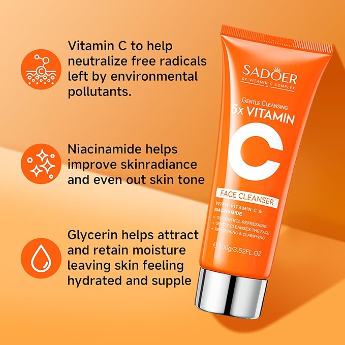 5X Vitamin C Face Cleanser 100g Niacinamide & Hyaluronic Acid, Gentle Pore Refining Daily Wash for Oily &Dull Skin,Clear,Oil Balancing, Popular Skincare Gift Women