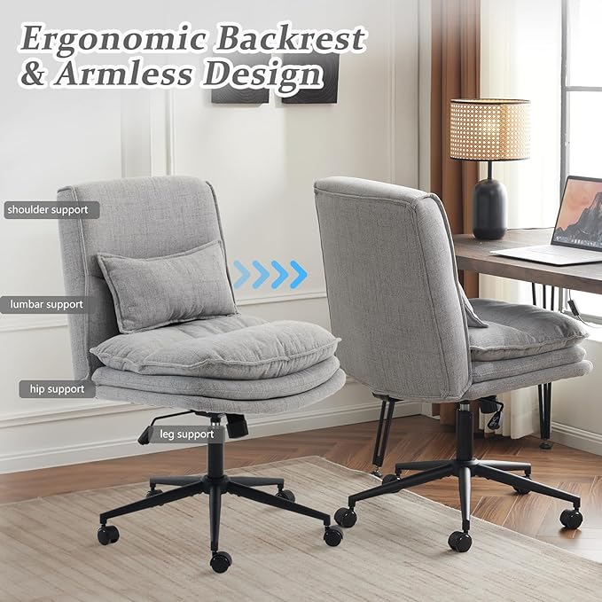 VINGLI Cloud Criss Cross Legged Chair,18" High Back Armless Home Office Desk Chair with Wheels,Wide Adjustable Comfy Padded Seat Task Computer Chair,Modern Swivel Makeup Vanity Chair,Fabric,Grey