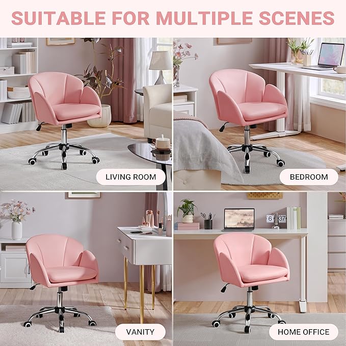Yaheetech Cute Petal Desk Chair Home Office Chair Swivel Upholstered Leather Desk Chair Makeup Vanity Chair with Armrests for Bedroom Modern Computer Rolling Chair for Women Simple Pink