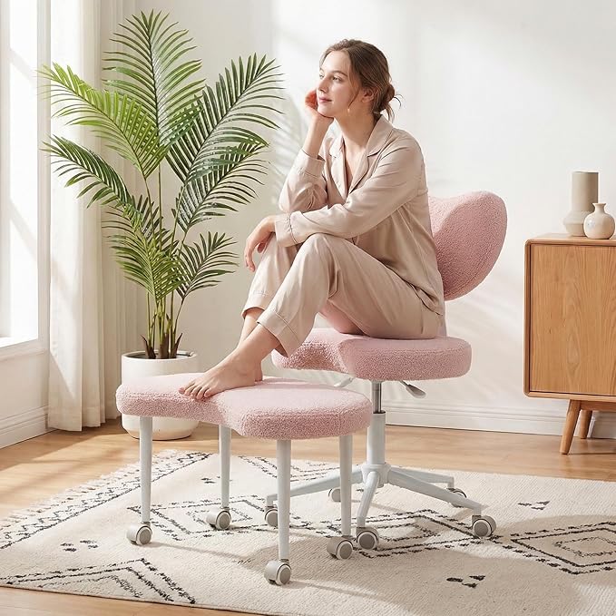 Cross Legged Chair with Wheels, ADHD Chair, Criss Cross Desk Chair with Lumbar Support and Adjustable Stool, Flexible Design for Fidgety Sitters (Pink)