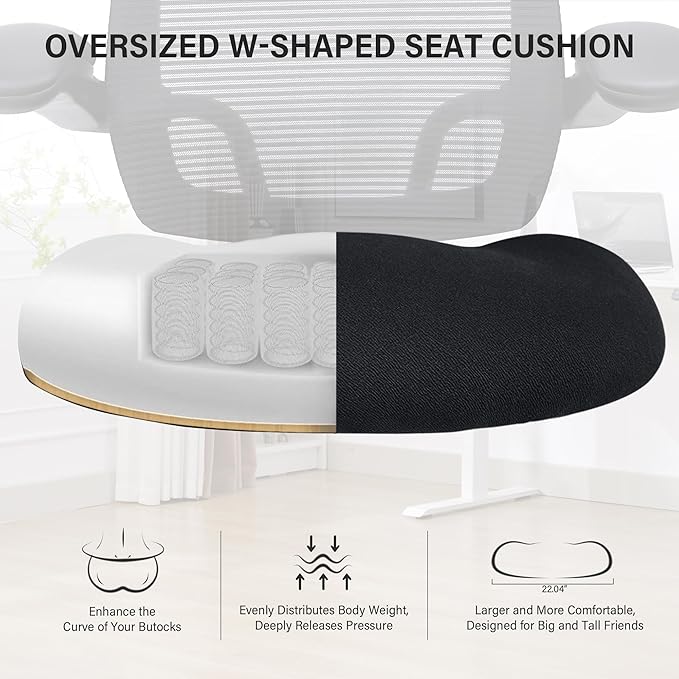 500lbs Big and Tall Office Chair - Heavy Duty Mesh Ergonomic Desk Chair with Headrest, High Back Computer Chair - Flip-up Armrests, Wide Thick Seat Cushion, Quiet Wheels, Black