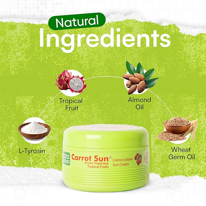Carrot Sun Tanning Accelerator – 350ml Tropical Fruits Tanning Gel – Natural Extract Dark Tanning Lotion for All Skin Types – Tan Lotion with Tropical Fruits for Even Beautiful Skin Coloring – SPF0