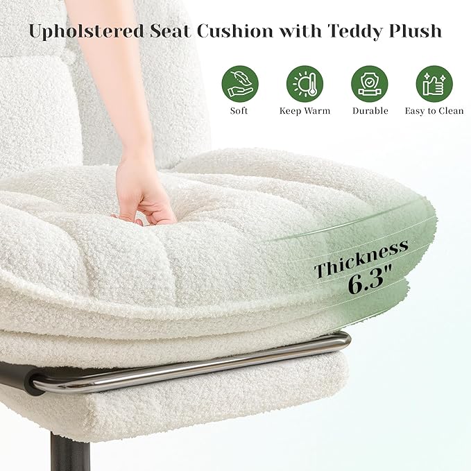 Cross Legged Office Chair with Foot Rest, 6.3" Thick Cushioned Criss Cross Chair with Wheels, Height Adjustable Swivel Vanity Chair for All-Day Comfort (White)