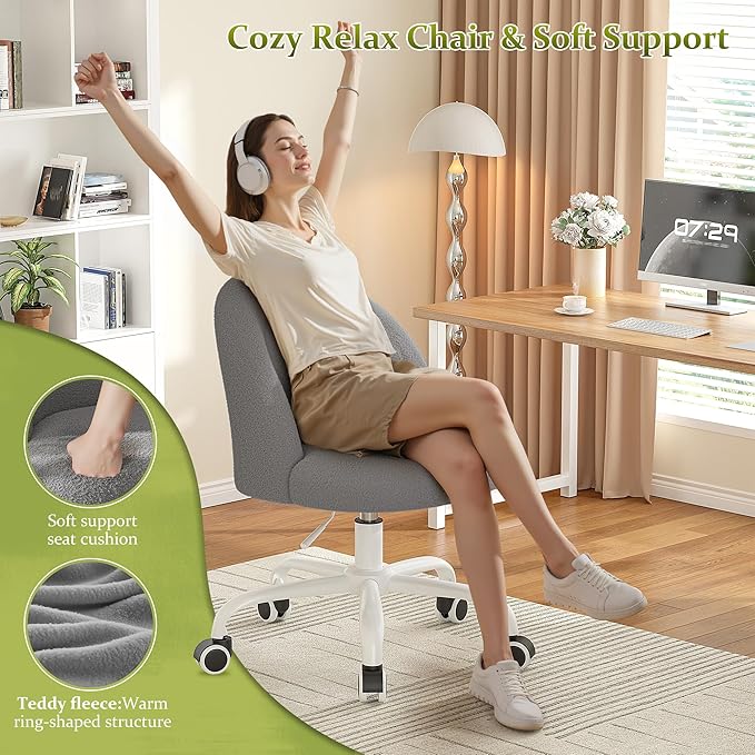 Vanity Chair with Back, Cute Desk Chair with Wheels, Armless Office Chair Height Adjustable, Soft Lumbar Support for Small Space, Bedroom, Grey