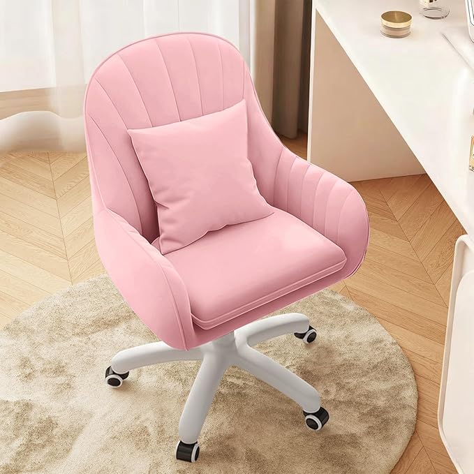 Cute Home Office Chair Velvet Upholstered Desk Chairs with Mid Back Swivel Adjustable Makeup Vanity Computer Chair with Wheels,Pink