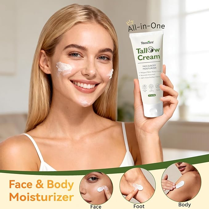 Beef Tallow for Skin, 100% Grass-Fed Whipped Tallow Balm – Organic Moisturizer for Face & Body – Deep Hydration for Dry & Sensitive Skin – Natural Tallow Cream