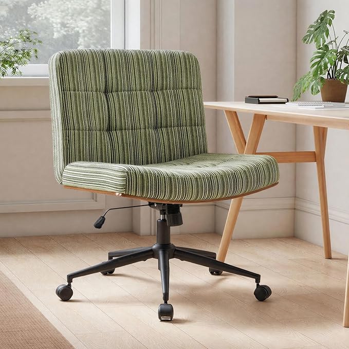 Furnimart Heavy-Duty Curved FSC Wood Desk Chair 360° Swivel,Premium Chenille Criss Cross Chair with Wheels Wide Seat, Comfy Armless Cross Legged Sitting for Bedroom, Office, Vanity(Green)