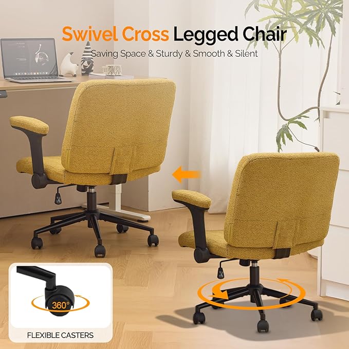 VINGLI Criss Cross Chair with Adjustable Flip-Up Arms,Cross Legged Chair with Wheels,Extra Wide Office Chair,Desk Chair for Home Office,Vanity,Bedroom, Apartment,Starry Chenille,Pale Yellow