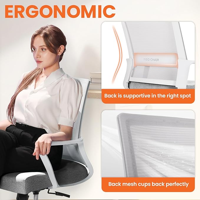NEO Chair Office Chair Gaming Desk Computer Chair Ergonomic Mesh Mid Back with Wheels Lumbar Support Comfy Swivel Adjustable for Home (Grey)