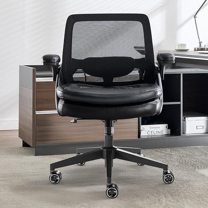 Big and Tall Office Chair, 500lbs Mesh Heavy Duty Ergonomic Desk Chair with Flip-up Armrests, Plus Size Wide Seat in PU Leather, 360 Swivel Computer Executive Task Chair for Home Office (Black)