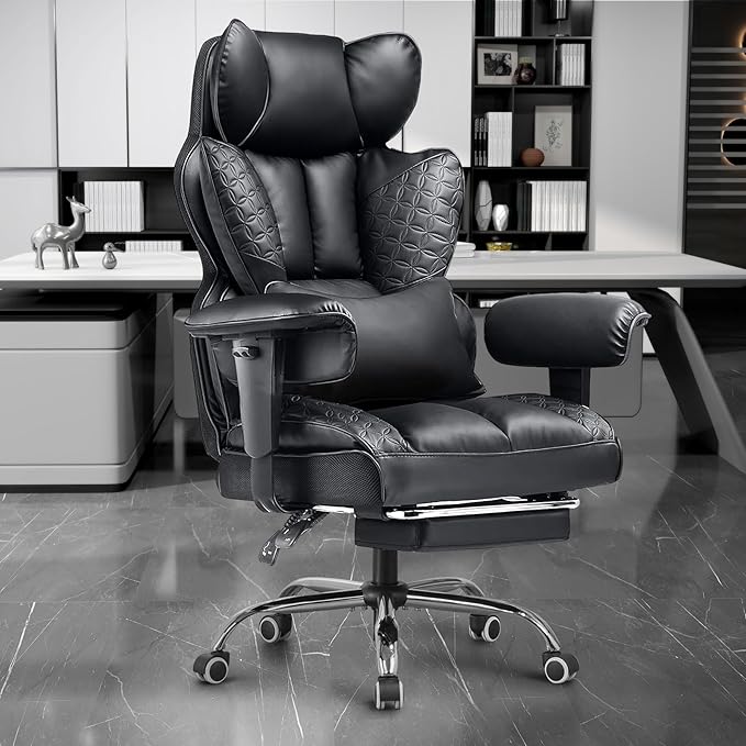 COMHOMA Big and Tall Office Chair Heavy Duty Gaming Chair with Deluxe Embossing Leather High Back Wider Ergonomic Computer Chair with Foot Rest 150°Reclining Pocket Spring Lumbar Support