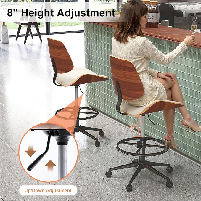 Drafting Chair, Ergonomic Office Chair with Walnut Wood Back Support, Armless PU Leather Desk Chair with Height-Adjustable, Thick Cushion for Home, Bar, Drafting, Office (Beige)