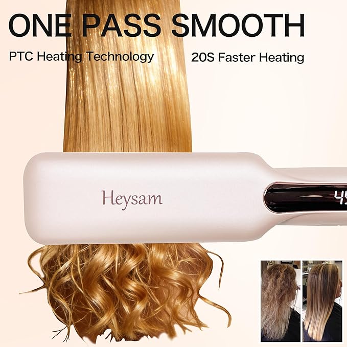 Heysam Flat Iron Hair Straightener and Curler 2 in 1, Travel Portable Dual Voltage Hair Irons for Thick Hair, Wide Ionic Straightener 1.6-Inch, 30S Fast Heating, LCD Display, Smooth & Frizzy, Pink