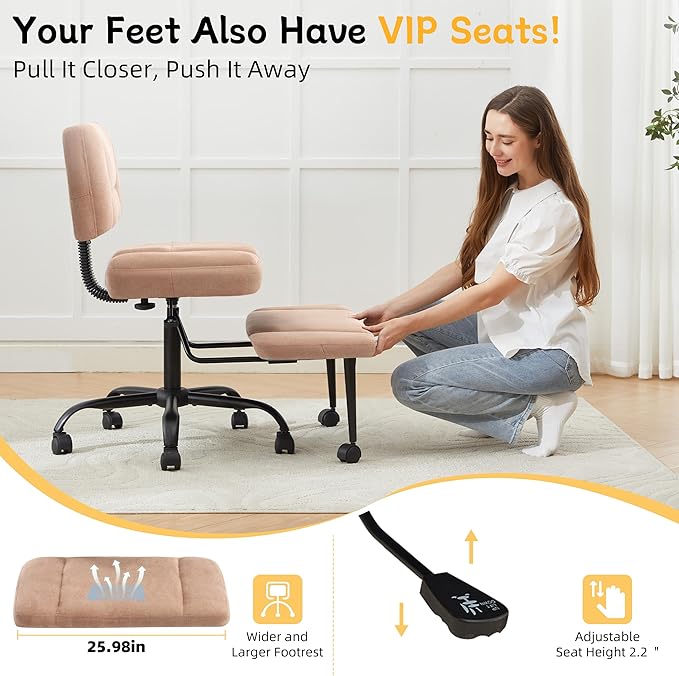 Criss Cross Legged Office Chair with Wheels,Swivel Meditation Chair for ADHD,Ergonomic Desk Chair with Thicken Adjustable Footstool,Fabric Sitting Fidgeting Kneeling Chair for Home Yoga Brown