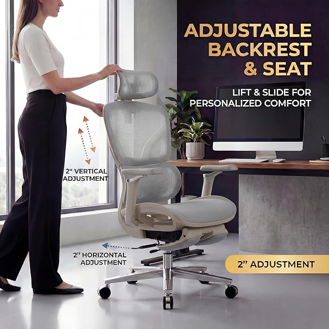 Ergonomic Office Chair with Footrest & Massage Lumbar Support – Adjustable Seat Depth & Back Height Reclining Big and Tall 400LBS Mesh Chair, 4D Headrest & 6D Armrests, for Home Office/Gaming(Gray)