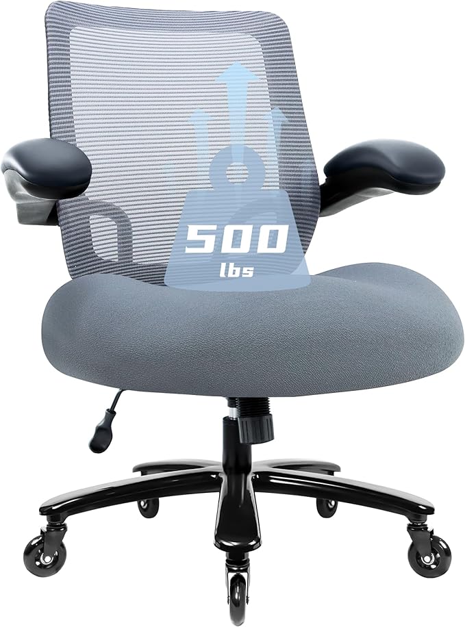 500LBS Big and Tall Office Chair with Flip-Up Armrests, Heavy Duty Office Chair for Heavy People, Memory Foam Seat Filling Springs, Grey