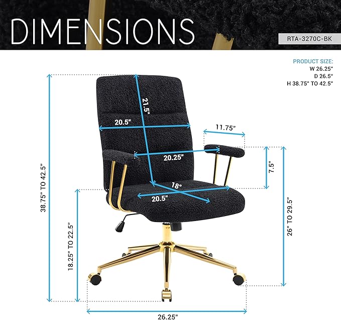 Elegant Black and Gold Office Chair with Textured Boucle Fabric, Modern Desk Chair with Padded Seat, Height Adjustable with Durable Gold Base
