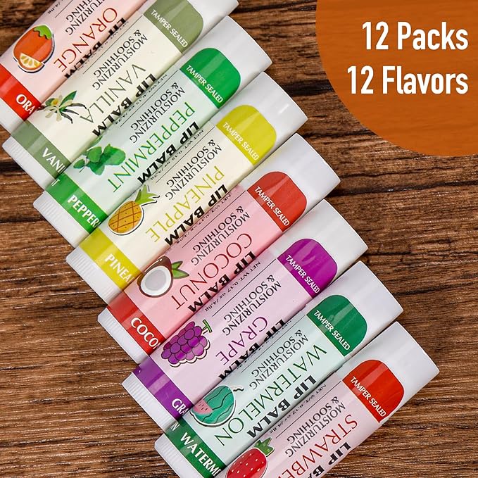 AZEN 12 Pack Lip Balm, Natural Lip Balm Bulk, Lip Care Product, Moisturizing Lip Balms for dry cracked lips, Valentines Gifts Easter Basket Stuffers - 12 Flavors