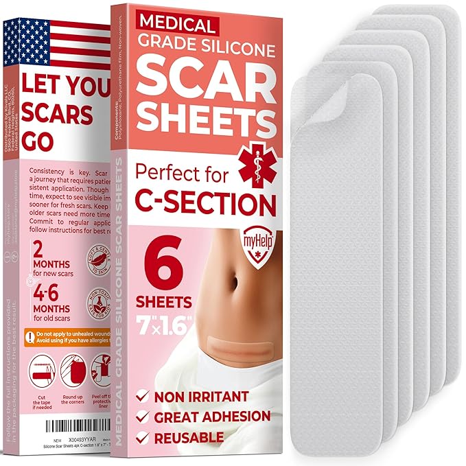 Medical Grade Silicone Scar Sheets - Transparent - 6pk (7”x1.6”) - Visible Difference on C-Section Scars - Reusable Silicone Sheets for Scars - Easy to Use C Section Scar Silicone Strips
