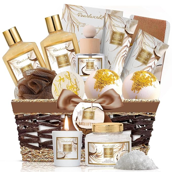 Valentine's Day Gifts Basket for Women, 15pcs Vanilla Coconut Bath Set with Shower Gel, Bubble Bath, Diffuser Oil, Scented Candle, Skin Care Kit Birthday Gift for Women