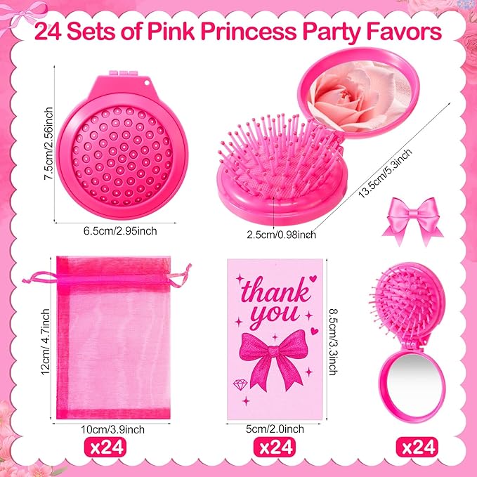24 Sets Women's Day Gifts with Folding Travel Mirror Hair Brush with Organza Bags Cards Mini Round Mirror Pocket Brush for Girls Women Hot Pink Makeup Mother's Day Gifts