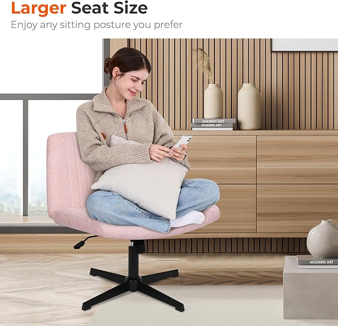 NEO Chair Criss Cross Chair No Wheels Armless Cross Legged Office Desk Wide Comfy Vanity Makeup Chair Adjustable Computer Task for Home Office Fabric (Pink)