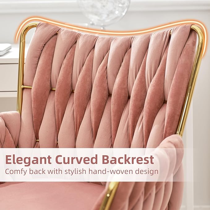 ABET Velvet Desk Chair with Wheels, Cute Upholstered Swivel Office Chair, Modern Gold Rolling Hand Woven Height Adjustable Armchair for Women Girls Home Makeup, Vanity, Nail Salon, Rose Red