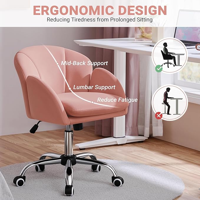 Yaheetech Pink Desk Chair Vanity Chair Comfy Velvet Chair Cute Desk Chair for Home Office Modern Swivel Rolling Chair for Bedroom, Living Room, Makeup Room Women