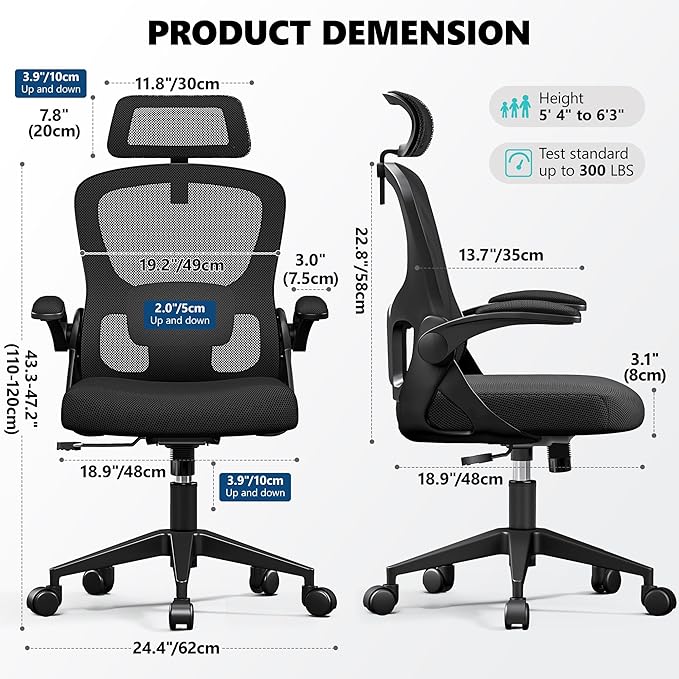 Ergonomic Office Chair, Mesh Desk Chair with Adjustable Headrest & Lumbar Support, Rolling Computer Chair with Flip-up Armrests, Comfy Swivel Home Office Chair for Long Hours - Black