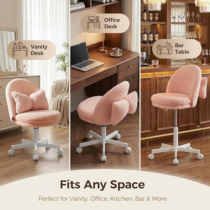 GTPOFFICE Vanity Chair with Back, Adjustable Tall Office Chair High Swivel Bar Stools Fluffy Cute Desk Chair Comfy with Wheels Bow Pillow Armlees for Adults Standing Desk Bar, Soft Velvet, Pink