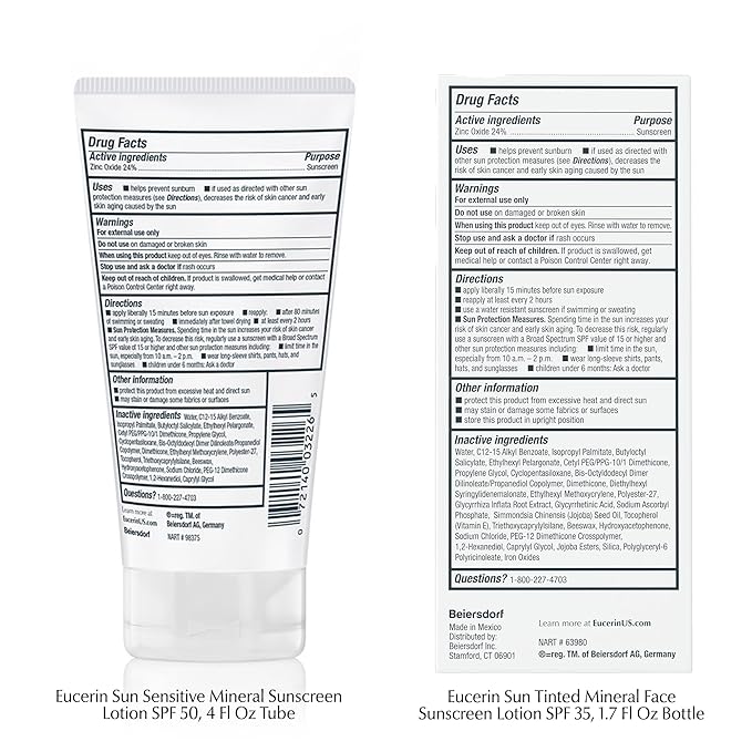 Eucerin Sun Sensitive Mineral Sunscreen Lotion SPF 50, Hypoallergenic, Fragrance Free Sunscreen with Zinc Oxide Protection, 4 Fl Oz Tube