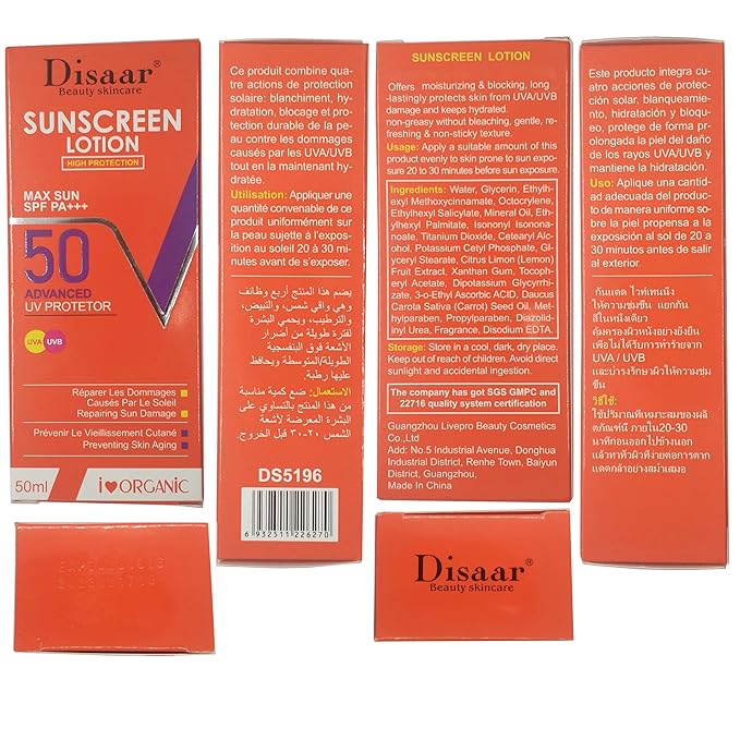 DISAAR BEAUTY Lemon Extract Sunscreen Lotion High Advanced Protection SPF 50 PA+++ UVA/UVB Repair Vitamin C Hydrate Skin 50ml / 1.69fl.oz